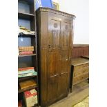 AN OAK RACKSTRAW STYLE CUPBOARD, HEIGHT 72INS X WIDTH 32INS X MAX DEPTH 17.5INS, TOGETHER WITH A