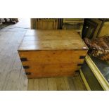 A PINE BOX WITH CARRYING HANDLES, DEPTH 24INS X HEIGHT 24INS X WIDTH 35INS
