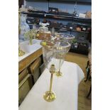 A PAIR OF BRASS AND GLASS CANDLE STANDS, OF GOBLET FORM, HEIGHT 16INS X DIAMETER 6.25INS