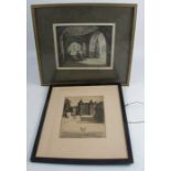 Edgar F Fincham, black and white etching, figures seated at a table under an arch, 9ins x 10.5ins,