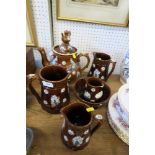 A COLLECTION OF BARGE WARE CHINA, INCLUDING A LARGE TEAPOT, THREE JUGS, A BOWL AND SMALLER JUG,