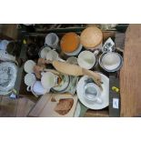 2 BOXES OF ASSORTED KITCHENALIA, INCLUDING TEAWARE, HORNSEY, ETC.