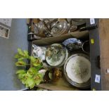 A BOX OF ASSORTED CHINA INCLUDING COLLECTORS PLATES AND LUSTRE JUG