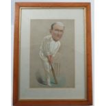 Two 19th century cricketing watercolours, of a batsman and wicket keeper, one signed 14ins x 9ins