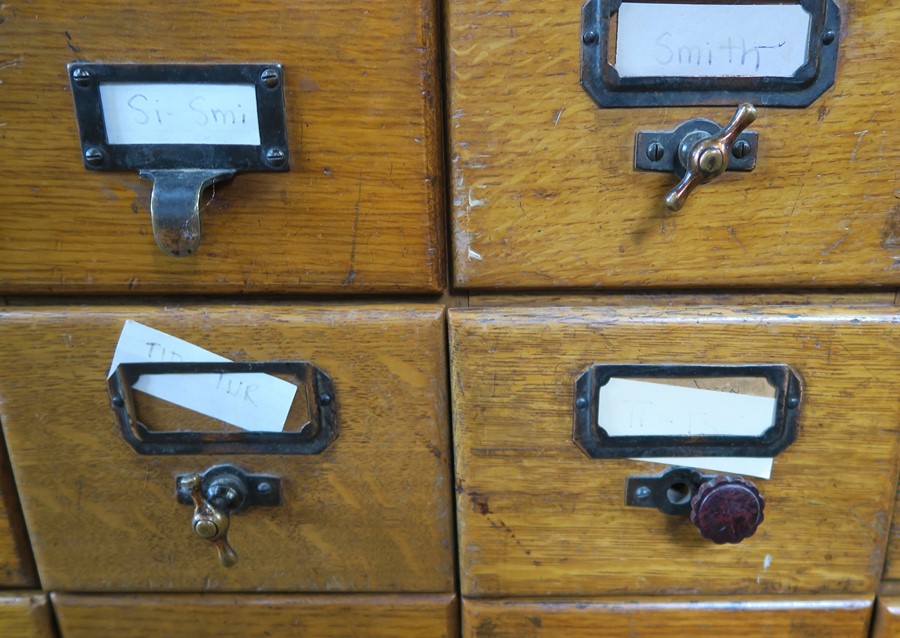 A set of 36 pigeonhole card index drawers, in two sections each of 18 drawers, width 39.75ins  x max - Image 2 of 4