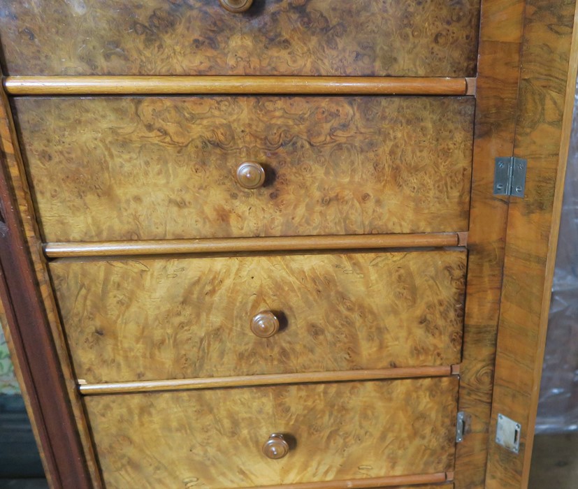 A 19th century burr walnut Wellington chest, having an associated top, fitted with seven drawers, - Image 3 of 5