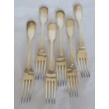 A set of six silver dinner forks, in the fiddle, thread and shell pattern, Sheffield 1942, maker R F