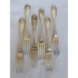 A matched set of six Georgian silver dinner forks, in the fiddle, thread and shell pattern, all