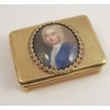 A Georgian silver gilt snuff box, or rectangular form, the top set with an oval enamel plaque