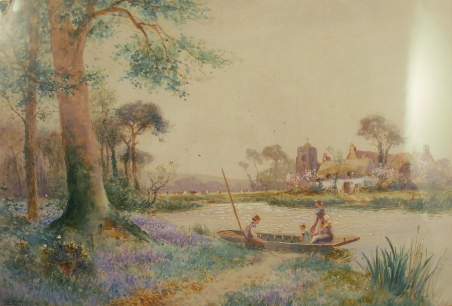 Stuart Lloyd, watercolour, figures on a punt on a river with houses and church beyond, 19ins x 28. - Image 2 of 3