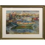 Mildred Anne Butler, signed faintly, watercolour, harbour view with figures and rowing boats,  12ins