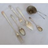 A Mappin & Webb hallmarked silver pickle fork, together with a christening spoon and fork, a