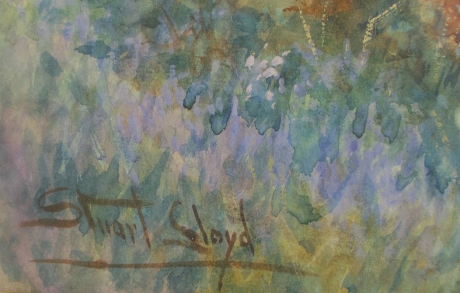 Stuart Lloyd, watercolour, figures on a punt on a river with houses and church beyond, 19ins x 28. - Image 3 of 3