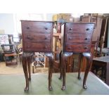 A pair of reproduction Queen Anne style mahogany bedside cabinets, raised on outswept legs with