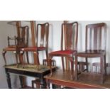 Three Queen Anne style dining chairs, and four slat back design chairs, together with a wicker