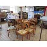 A collection of furniture to include three rush seated ladder back chairs, a dining chair, DVD