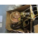 A box of metalware , lamp , companion set etc