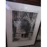 A signed etching of a cathedral