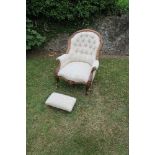 A Victorian walnut showwood chair, cream fabric, together with a foot stool