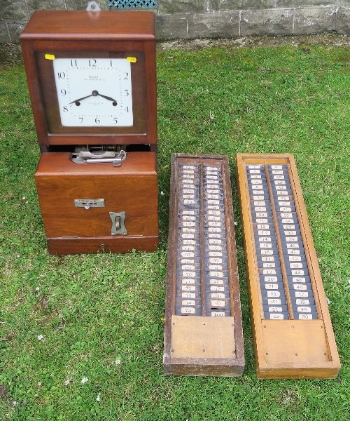 A National Time Recorder Co Ltd St Mary Crab. Kent clock, in mahogany case, height 27.5ins,