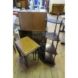 A bureau, nest of tables, reproduction what not and an antique gateleg table