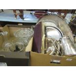A box of silver plate , trays and glassware