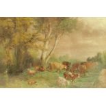 A 19th century school, watercolour, landscape with shepherd, sheep and cows in a clearing, 9ins x