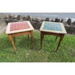 Two oak square tables, the top inset with tiles, 24ins x 24ins
