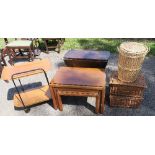 A nest of tables, tea trolley, small gateleg table, two wicker picnic baskets and a laundry basket
