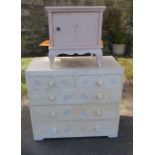 A painted chest of drawers, width 38ins, together with a painted bedside cabinet