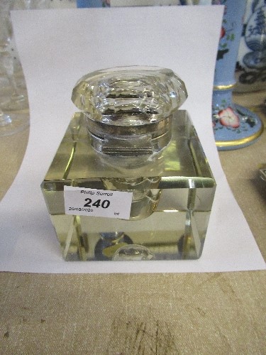 A large square Edwardian glass inkwell, with silver mount