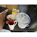 A collection of wash jugs, china etc