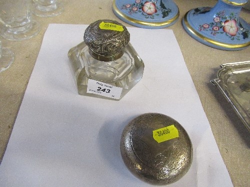 A silver inkwell with glass cut star base, Chester 1899 and a hallmarked silver round box