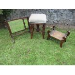 A piano stool, together with a footstool and a swing frame mirror