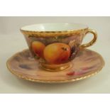 A Royal Worcester cup and saucer, decorated with hand painted fruit by Love, circa 1959Condition