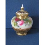 A Royal Worcester crown top pot pourri, decorated with roses, inner cover missing, shape 1286,