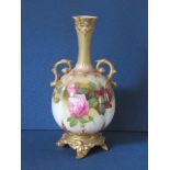 A Royal Worcester quarter lobed vase, decorated with roses by W H Austin, minor chip to foot,