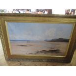 Vickers de Ville, oil on canvas, figures walking along a beach with rocky headland, 31ins x 51ins