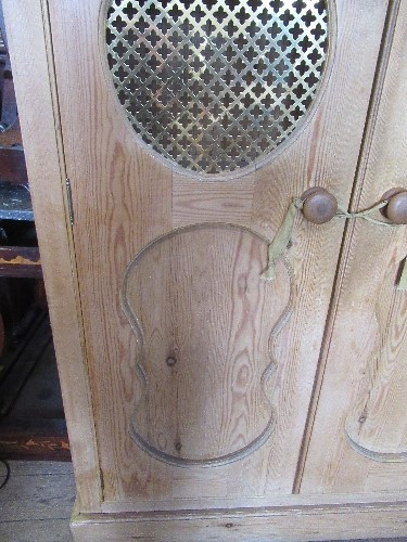 A pine cupboard, having two doors with Eastern style metal grill , opening to reveal shelves, - Image 3 of 5