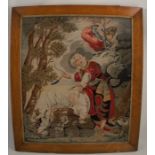 A 19th century tapestry picture, of a religious scene, 30ins x 25.5ins, in a birdseye maple frame,