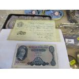 Two old five pound notes, one white 1956, laminated, both by cashier L.K O'Brien