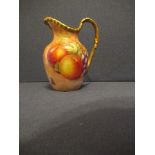 A Royal Worcester milk jug, decorated with hand painted fruit by Leaman, height 4insCondition