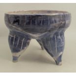 A three legged pottery tyg, decorated in underglazed blue, supporting a shallow bowl, width 8.