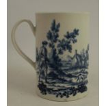 An 18th century blue and white Worcester tankard, decorated with figures shooting with dogs in a