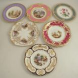 A collection of six assorted English porcelain plates, decorated with flowers and landscapes, to