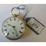 A late George III 18 carat gold open faced pocket watch, the unsigned white enamel dial with black