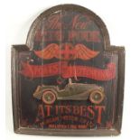 A carved and painted wooden advertising sign, for the New Morgan Plus Four sports motoring car,