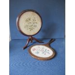 A miniature mahogany tripod table, with floral silk top, together with a silk back hand mirror,