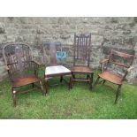 A Windsor chair, country chair, antique hall chair and another