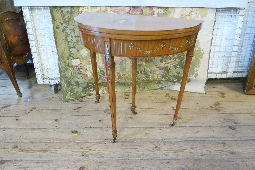 A Sheraton revival satinwood card table, decorated with 18th century portrait of a lady and floral